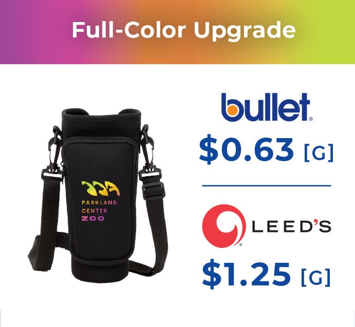 The image displays a promotional advertisement featuring a black insulated bottle holder or cooler with a strap and zipper pocket.