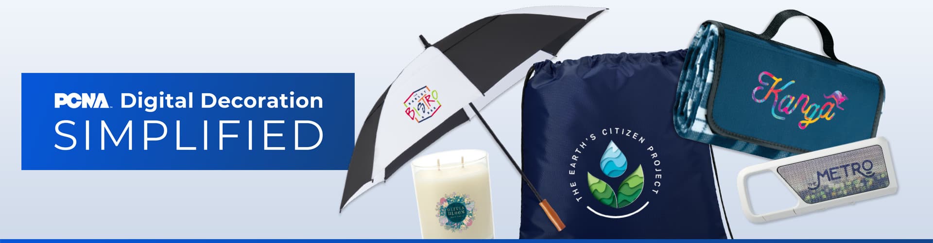 An image of advertisement banner for PCNA Digital Decoration Simplified. It showcases various promotional items that can be customized, including: black-and-white umbrella, navy-blue drawstring bag, A white candle,A folded blanket and A speaker