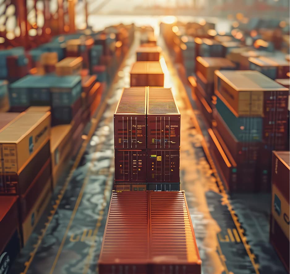 Shipping containers stacked in rows at a busy port, illuminated by golden sunlight.