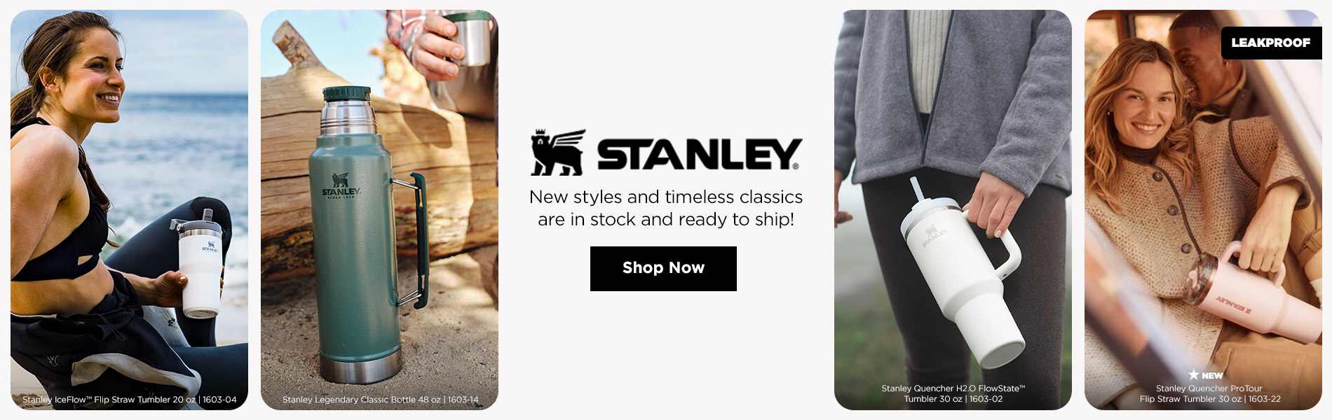 Stanley drinkware lifestyle banner featuring tumblers and bottles in outdoor and casual settings.