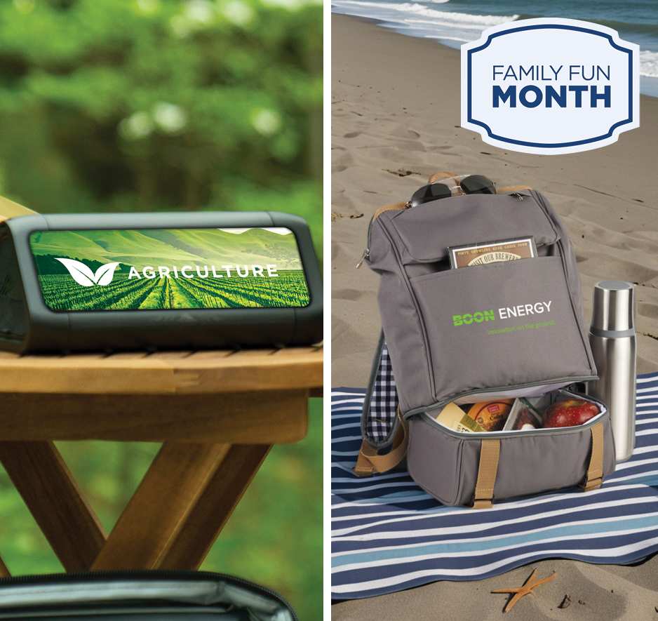 Family Fun Month banner featuring a branded speaker and picnic backpack at the beach.