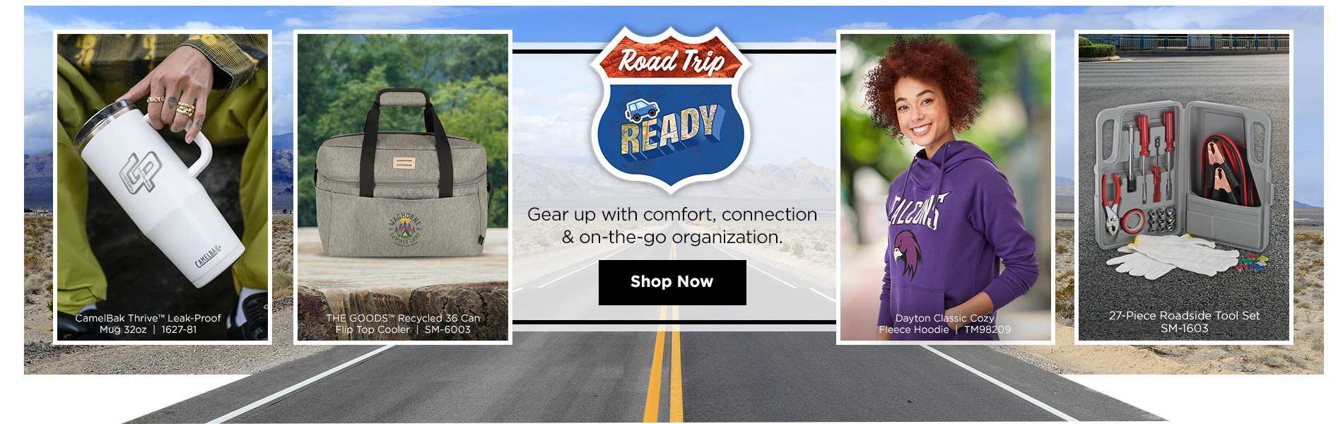 Road trip gear featuring a tumbler, cooler, hoodie, and roadside tool set