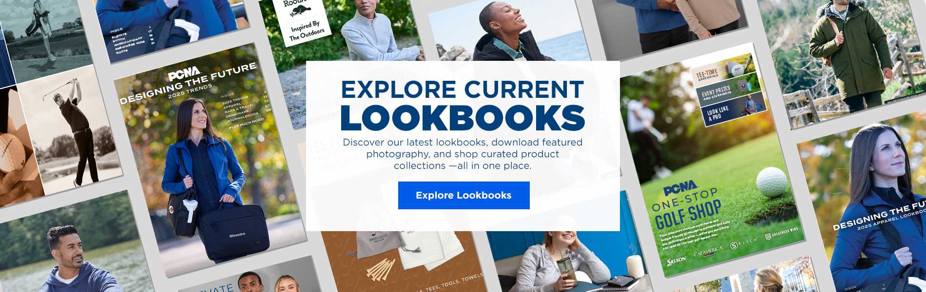 PCNA lookbook banner featuring apparel and lifestyle images with a central call-to-action to explore current lookbooks.