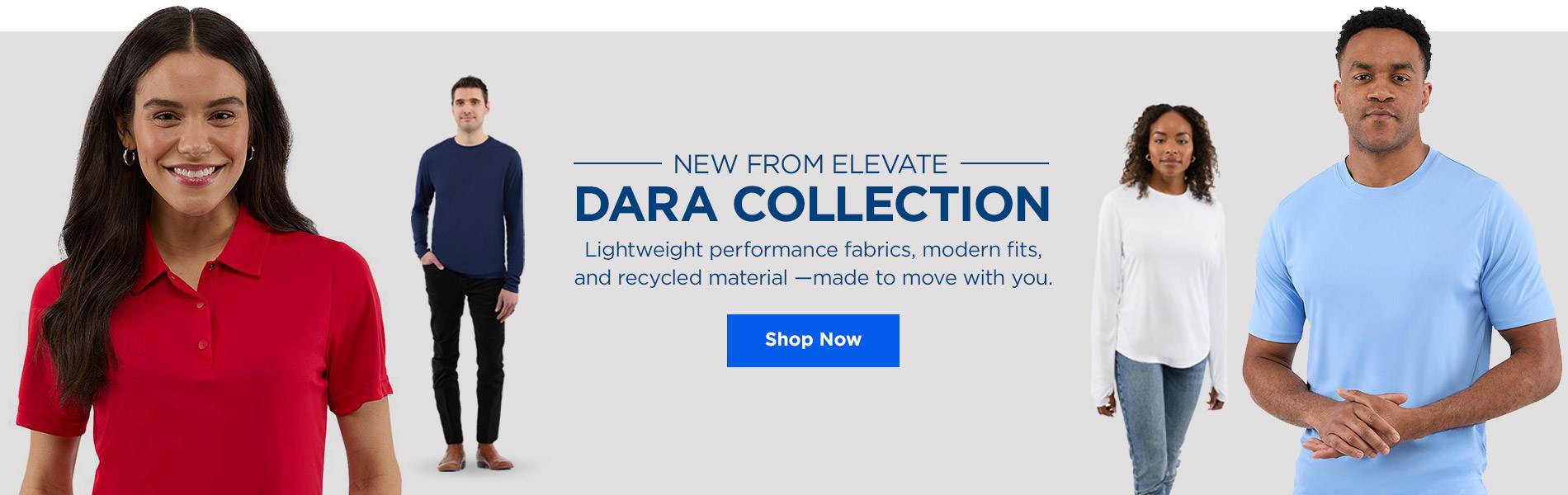 new from elevate dara collection lightweight performance fabrics, modern fits, and recycled material