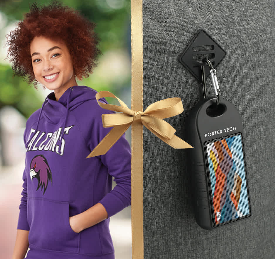 a picture of a girl wearing a hoodie and a picture of a speaker