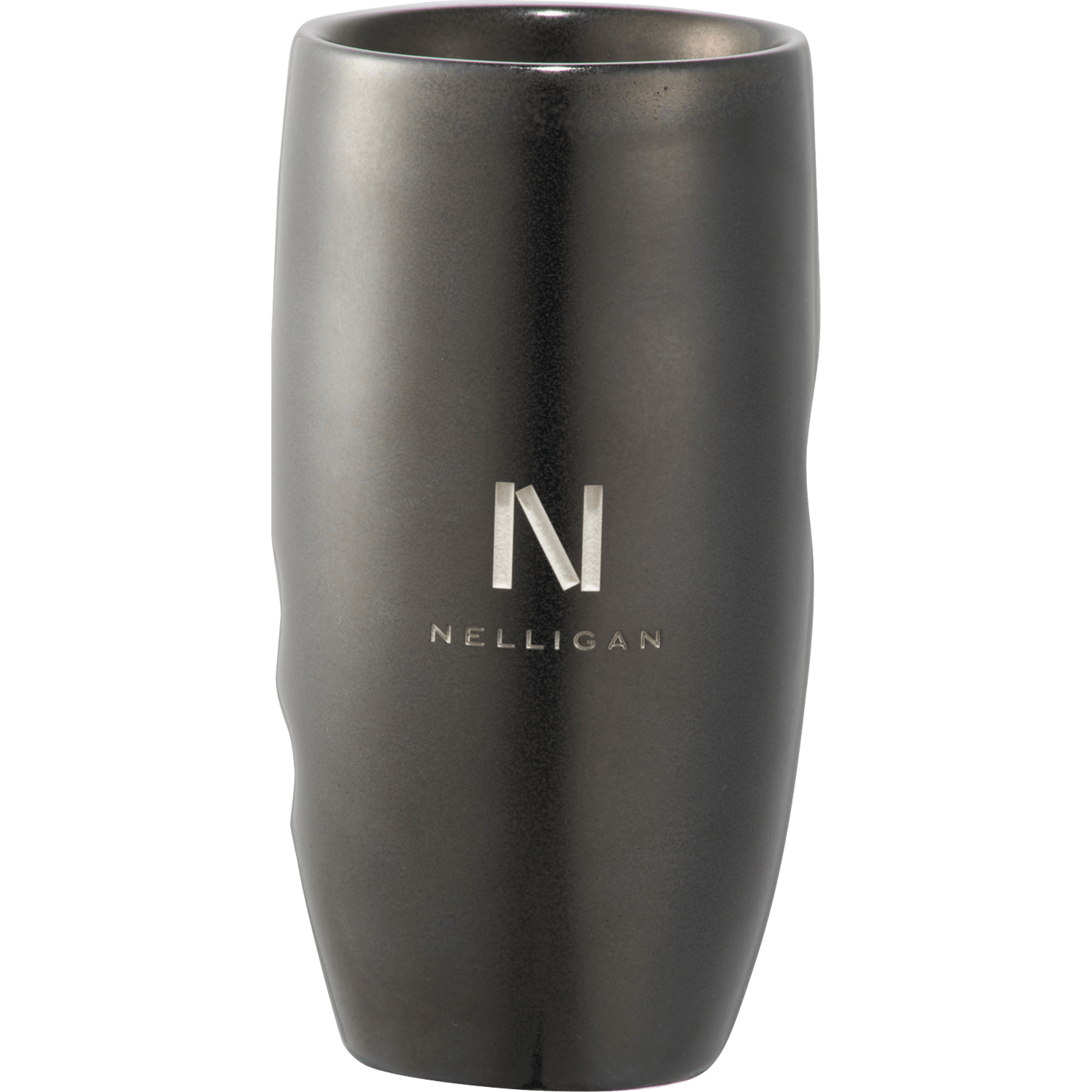 Cozy double-wall ceramic tumbler has a unique hand print design for easy gripping.  The style captures the ancient Eastern philosophy that you should hold your beverage and enjoy it with all of your senses.  Choose between color imprinting or our new cutting edge dishwasher safe laser decorating method. 12oz