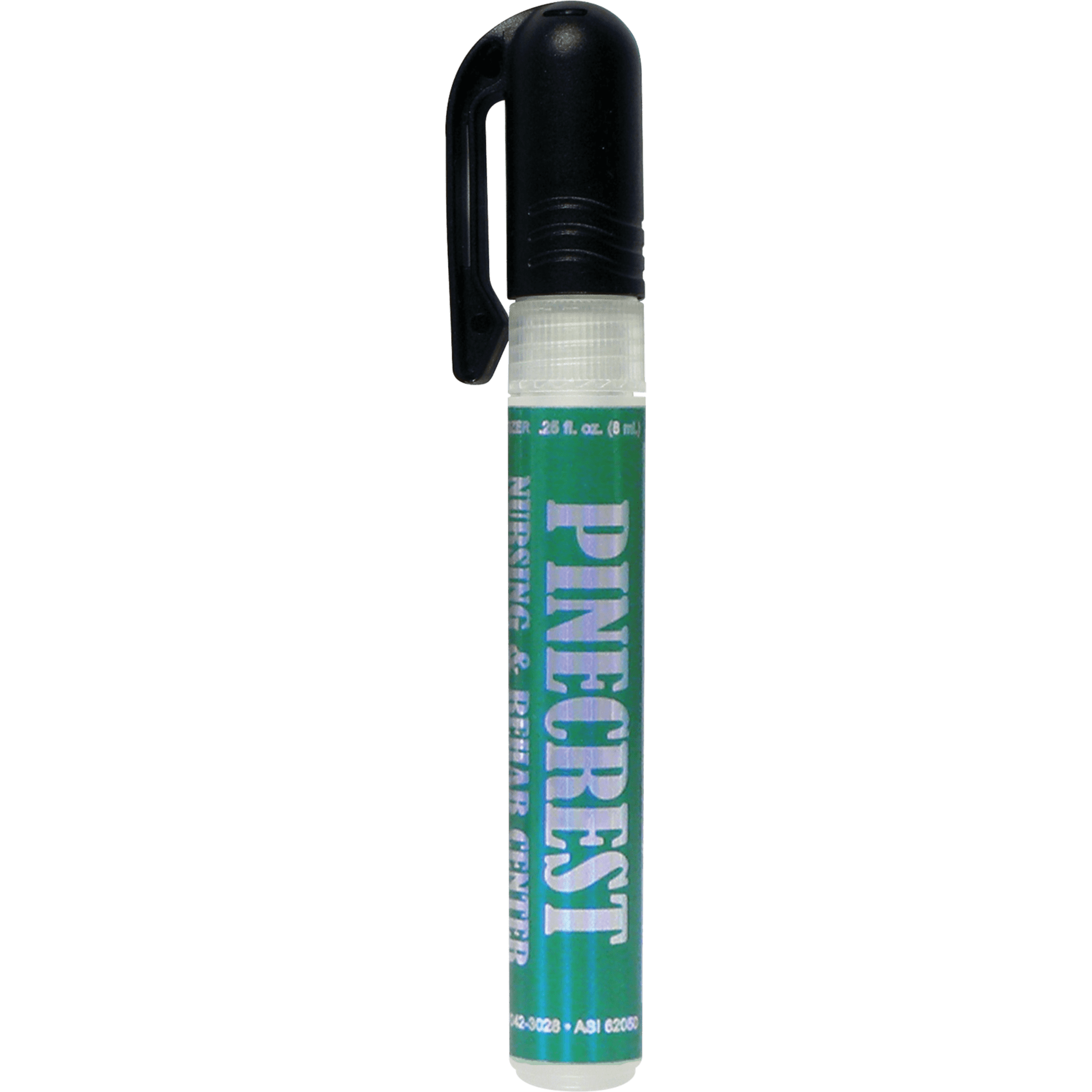 The 0.25oz (7.4ml) Hand Sanitizer Pen Sprayer by HumphreyLine is a pocket-sized spray sanitizer engineered using 80% alcohol. Item features a scratch-resistant, waterproof Tuf Gloss™ label that can be customized with a four-color process imprint. Choose from Clear, White or Holographic label. Holographic labels are available with single stock color imprint only. Meets FDA requirements. Not available for export.